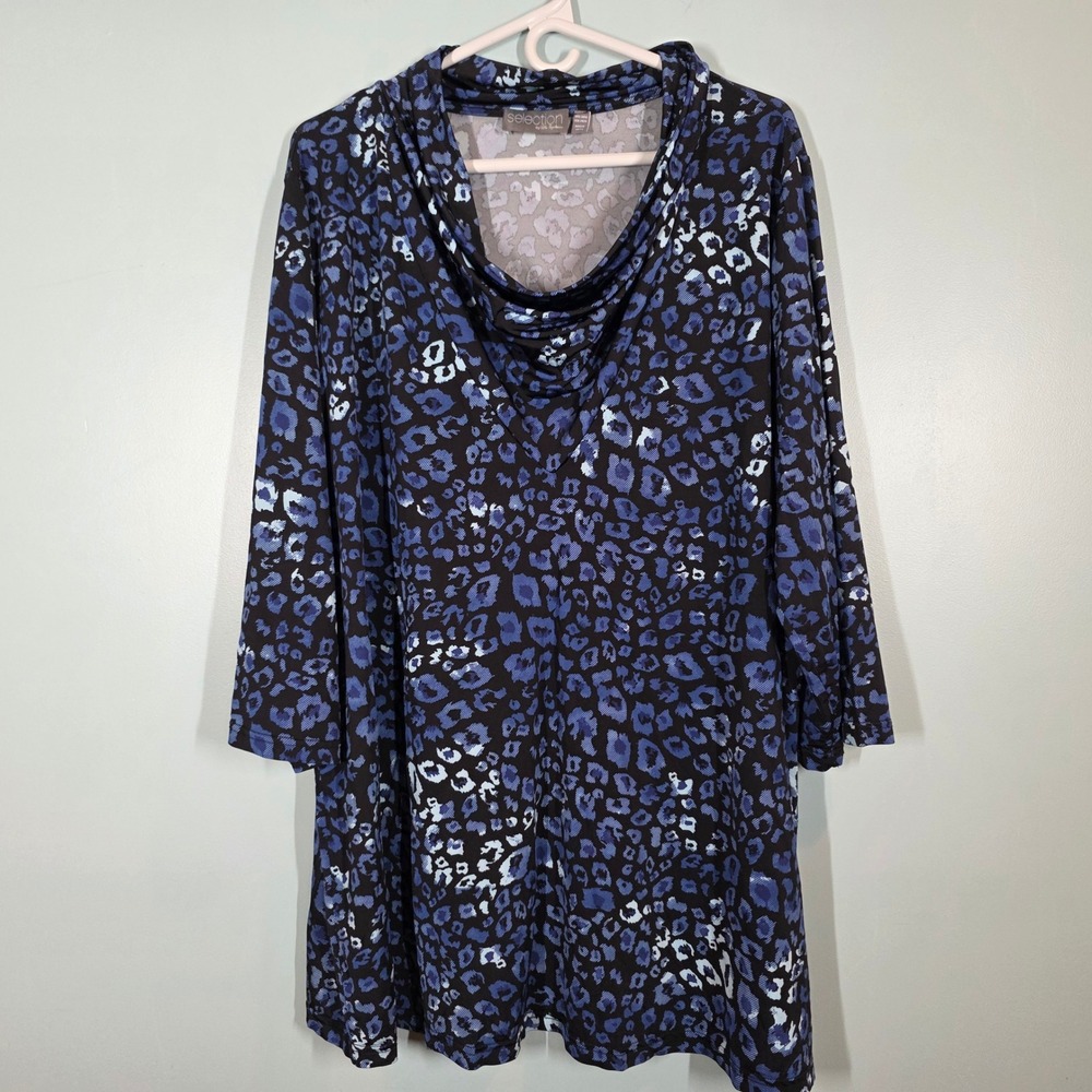 Ulla Popken Selection Blue Leopard Animal Print Cowl Neck Tunic Top USA 24/26